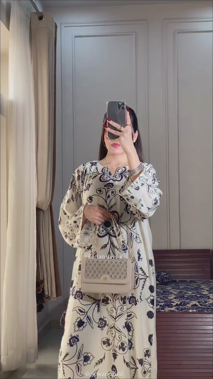 elegant ivory floral kaftan modest wear