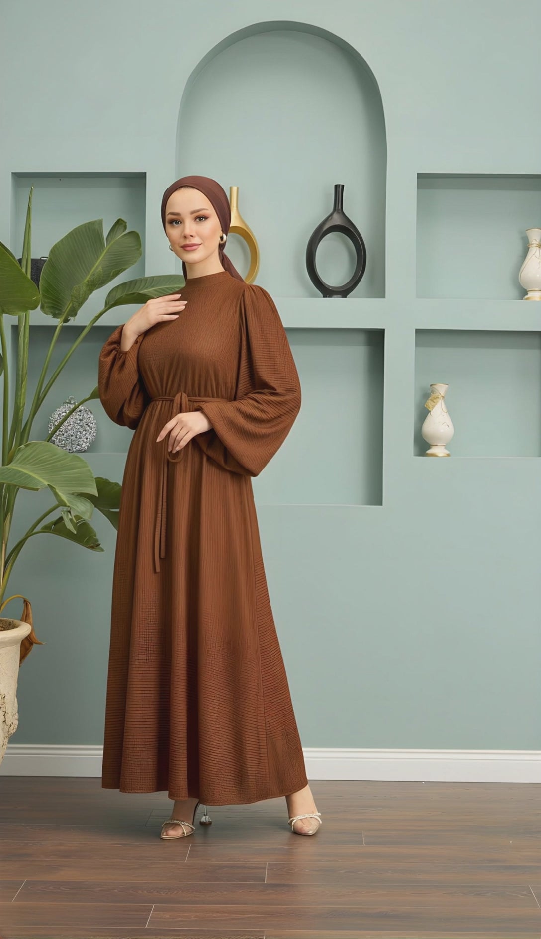 premium brown crinkle cotton modest dress