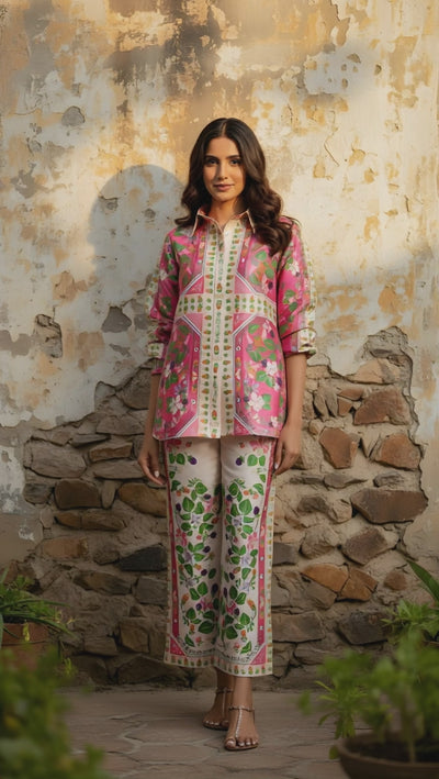 fuchsia ivory green modest co ord haya and kalos