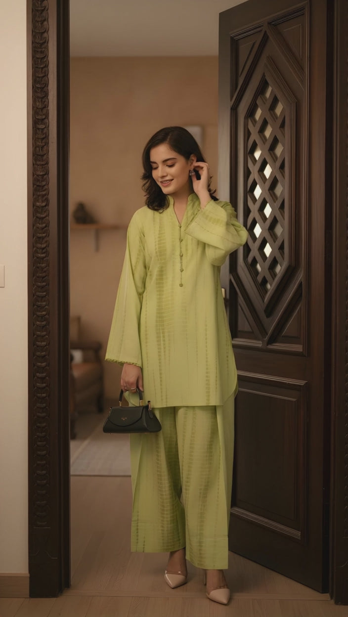 lime printed modest kurta shalwar set