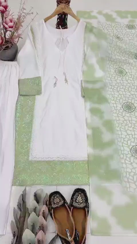 sage green embroidered silk coord set