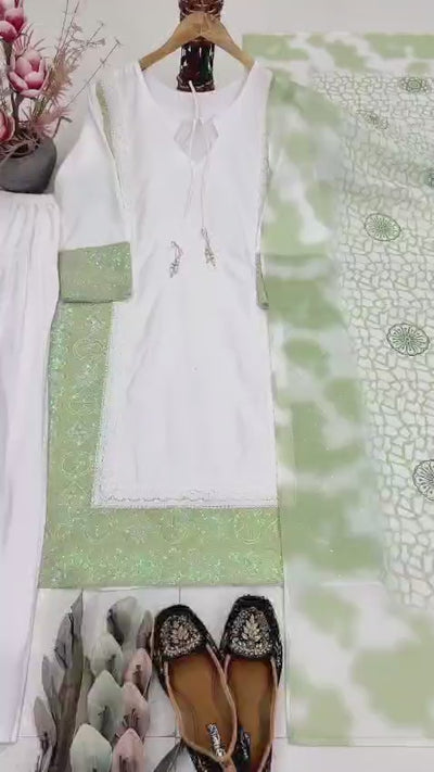 sage green embroidered silk coord set