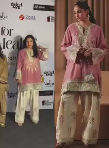 Dusty Zari Farshi kurta featuring full-length wide sleeves with decorative borders.