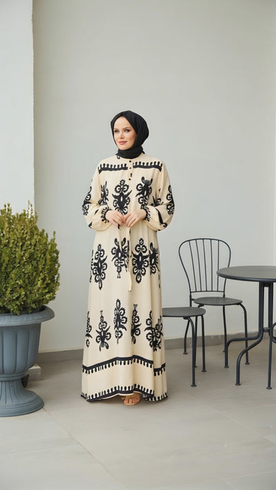 patterned beige maxi dress haya and kalos